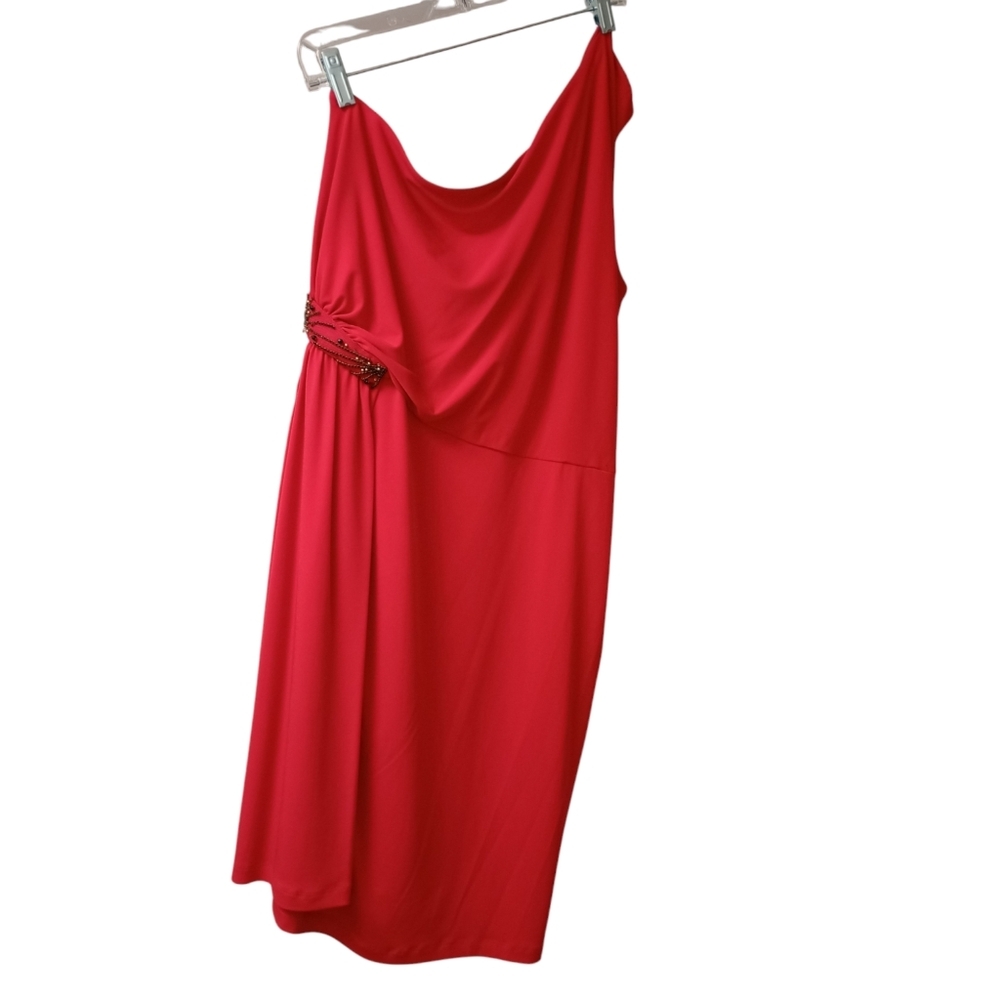 Calvin Klein Vibrant Red 1 Shoulder Dress Beaded Ruched Waist Accent Holidays 14